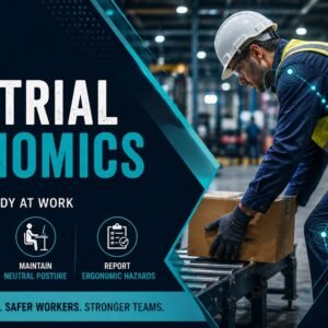 Industrial ergonomics worker safety guide featured image showing a warehouse worker in hard hat and high-visibility vest lifting a box on a conveyor with ergonomic position indicators, and a focus areas panel covering safe lifting, proper posture, job design, PPE and tools, and workplace awareness.