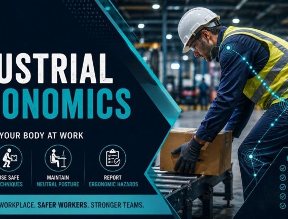 Industrial ergonomics worker safety guide featured image showing a warehouse worker in hard hat and high-visibility vest lifting a box on a conveyor with ergonomic position indicators, and a focus areas panel covering safe lifting, proper posture, job design, PPE and tools, and workplace awareness.