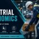 Industrial ergonomics worker safety guide featured image showing a warehouse worker in hard hat and high-visibility vest lifting a box on a conveyor with ergonomic position indicators, and a focus areas panel covering safe lifting, proper posture, job design, PPE and tools, and workplace awareness.