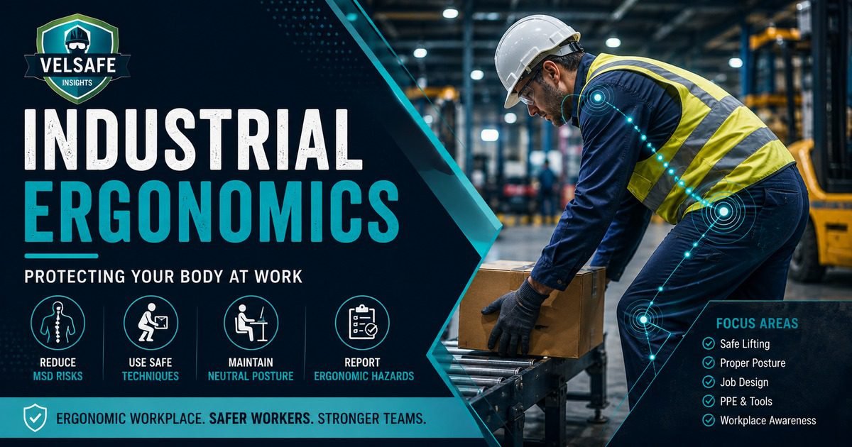 Industrial ergonomics worker safety guide featured image showing a warehouse worker in hard hat and high-visibility vest lifting a box on a conveyor with ergonomic position indicators, and a focus areas panel covering safe lifting, proper posture, job design, PPE and tools, and workplace awareness.