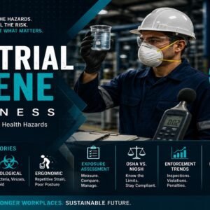 Industrial hygiene awareness insights featured image showing an industrial hygienist in PPE holding a chemical beaker with the AREC Model diagram covering anticipate, recognize, evaluate, and control, alongside a panel showing the four major hazard categories: physical, chemical, biological, and ergonomic.