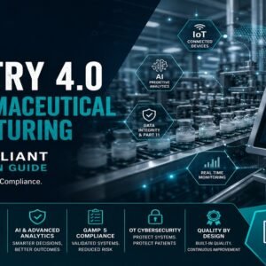 Industry 4.0 pharmaceutical manufacturing guide featured image showing a pharma production line with vials, a real-time dashboard showing OEE and quality metrics, and technology icons covering IoT connected devices, AI predictive analytics, data integrity and Part 11, and real-time monitoring.