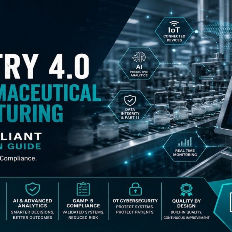 Industry 4.0 pharmaceutical manufacturing guide featured image showing a pharma production line with vials, a real-time dashboard showing OEE and quality metrics, and technology icons covering IoT connected devices, AI predictive analytics, data integrity and Part 11, and real-time monitoring.