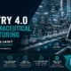 Industry 4.0 pharmaceutical manufacturing guide featured image showing a pharma production line with vials, a real-time dashboard showing OEE and quality metrics, and technology icons covering IoT connected devices, AI predictive analytics, data integrity and Part 11, and real-time monitoring.
