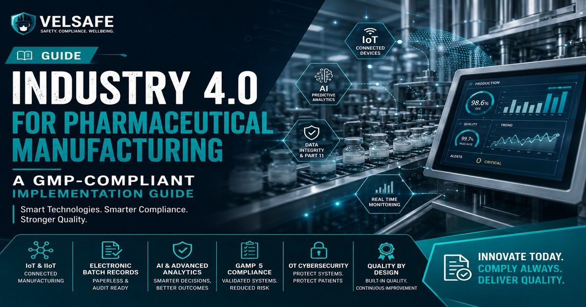 Industry 4.0 pharmaceutical manufacturing guide featured image showing a pharma production line with vials, a real-time dashboard showing OEE and quality metrics, and technology icons covering IoT connected devices, AI predictive analytics, data integrity and Part 11, and real-time monitoring.