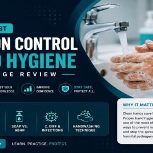 Infection control hand hygiene practice test featured image showing hands being washed with soap and water under a running tap, with a topics panel covering hand hygiene, WHO 5 Moments, soap vs ABHR, C. diff, and handwashing technique, and a callout stating clean hands save lives.