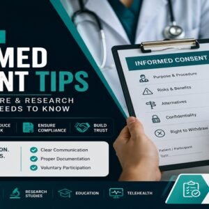 10 informed consent tips featured image showing a healthcare professional holding an Informed Consent clipboard listing purpose and procedure, risks and benefits, alternatives, confidentiality, and right to withdraw, with a callout stating good information leads to better decisions and ethical care starts with informed choices.