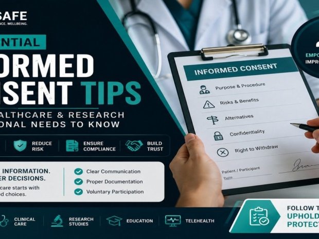10 informed consent tips featured image showing a healthcare professional holding an Informed Consent clipboard listing purpose and procedure, risks and benefits, alternatives, confidentiality, and right to withdraw, with a callout stating good information leads to better decisions and ethical care starts with informed choices.