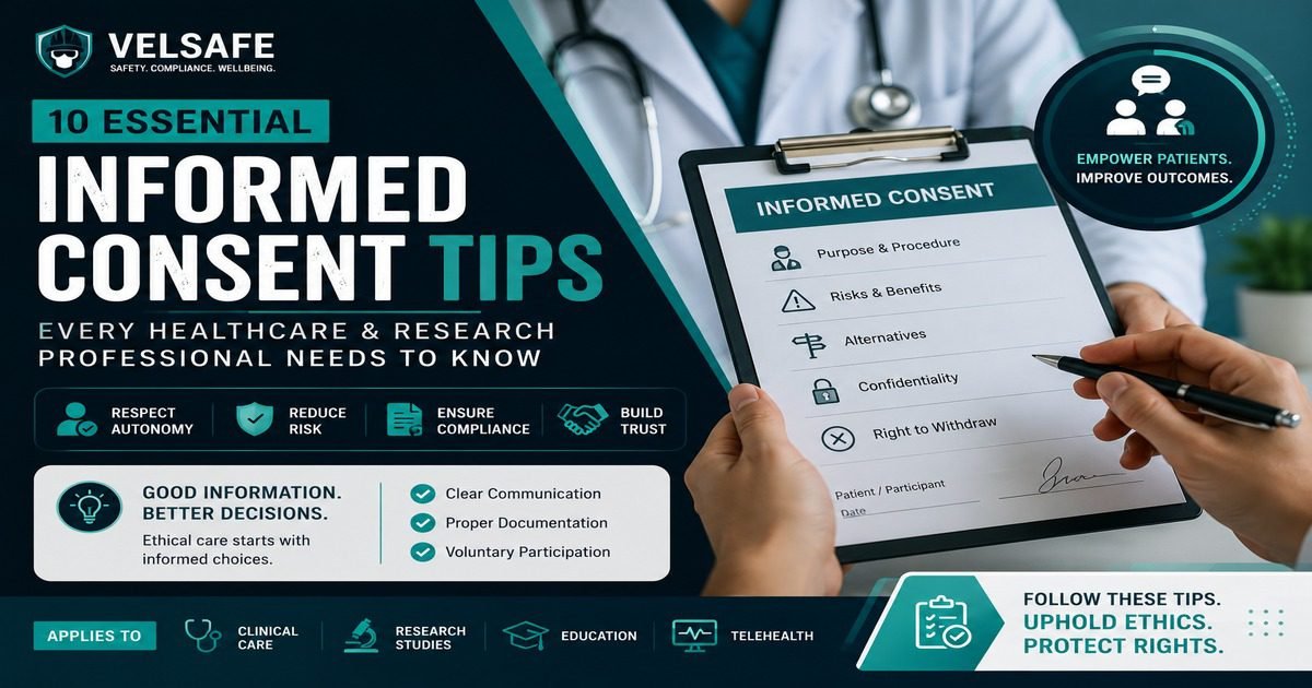 10 informed consent tips featured image showing a healthcare professional holding an Informed Consent clipboard listing purpose and procedure, risks and benefits, alternatives, confidentiality, and right to withdraw, with a callout stating good information leads to better decisions and ethical care starts with informed choices.