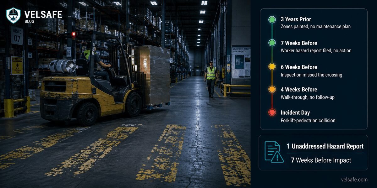 Forklift approaching a faded pedestrian crossing zone in a distribution warehouse — inspection failure scenario