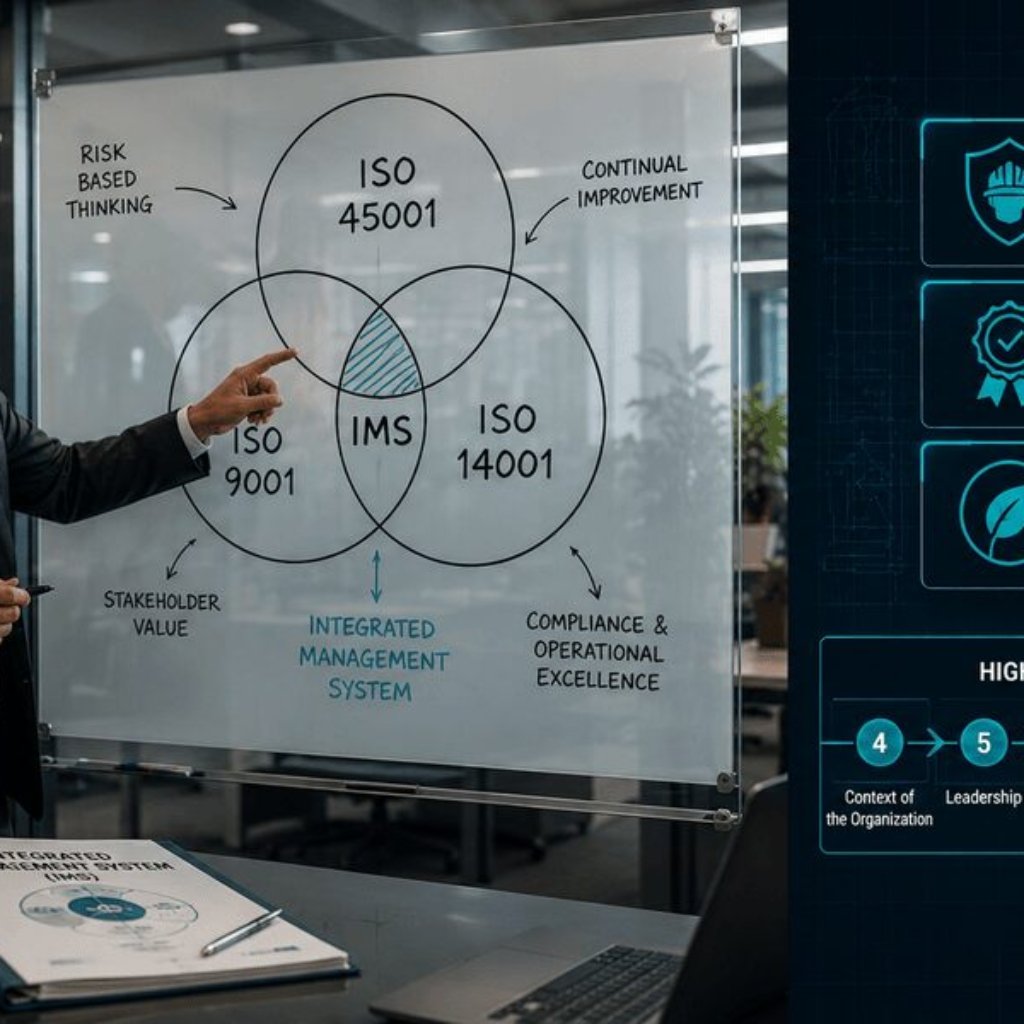 EHS compliance director presenting ISO 45001, 9001 and 14001 integration framework on a glass whiteboard