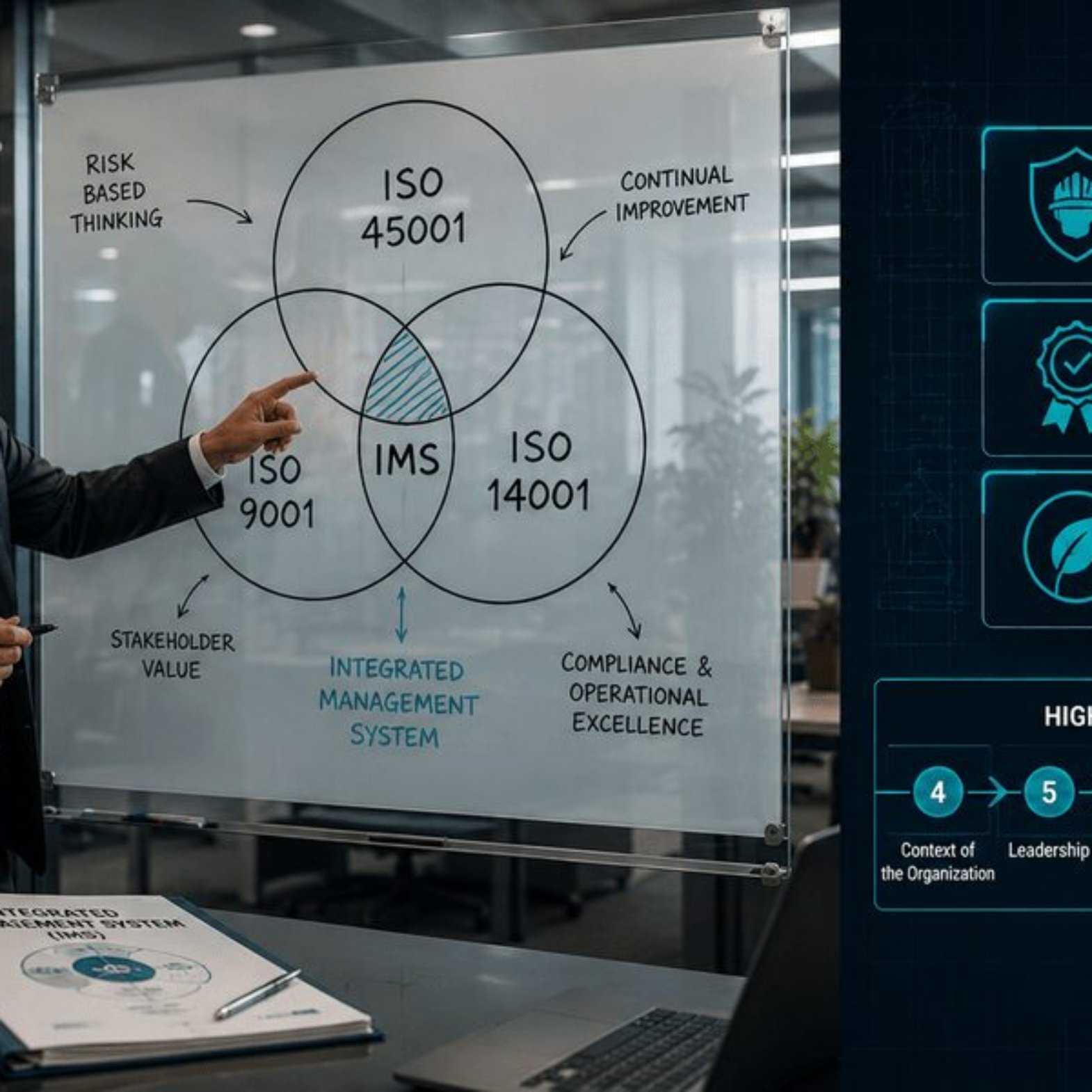 EHS compliance director presenting ISO 45001, 9001 and 14001 integration framework on a glass whiteboard