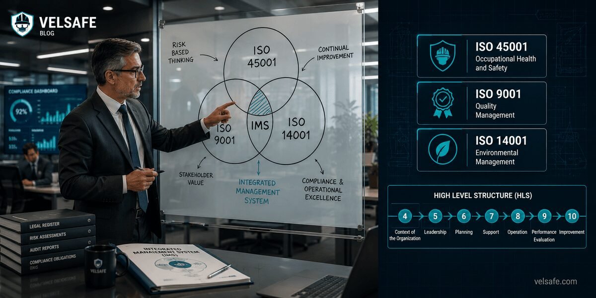 EHS compliance director presenting ISO 45001, 9001 and 14001 integration framework on a glass whiteboard