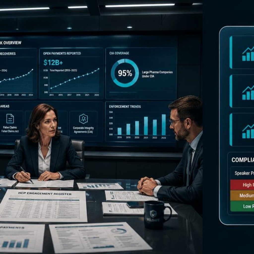 Compliance executives reviewing HCP engagement reports in a pharmaceutical boardroom with regulatory risk dashboard