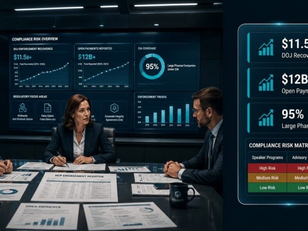 Compliance executives reviewing HCP engagement reports in a pharmaceutical boardroom with regulatory risk dashboard