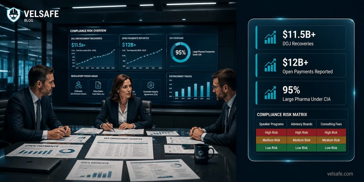 Compliance executives reviewing HCP engagement reports in a pharmaceutical boardroom with regulatory risk dashboard