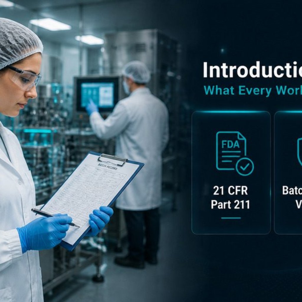 Female pharma technician in lab coat reviewing batch record on cGMP manufacturing line with compliance dashboard overlay