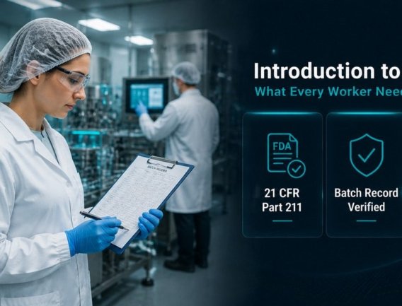 Female pharma technician in lab coat reviewing batch record on cGMP manufacturing line with compliance dashboard overlay