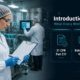 Female pharma technician in lab coat reviewing batch record on cGMP manufacturing line with compliance dashboard overlay