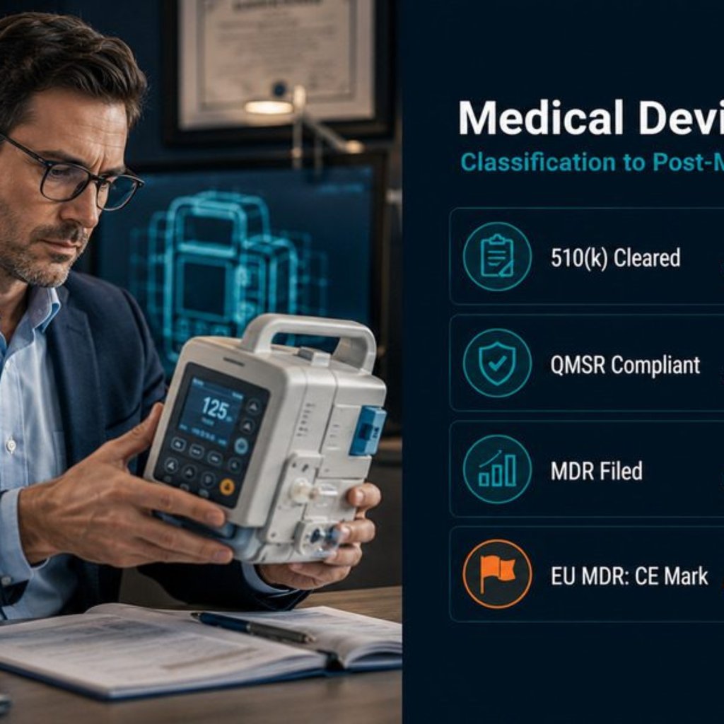 Regulatory affairs professional examining medical device with 510(k), QMSR, MDR, and EU MDR compliance dashboard overlay