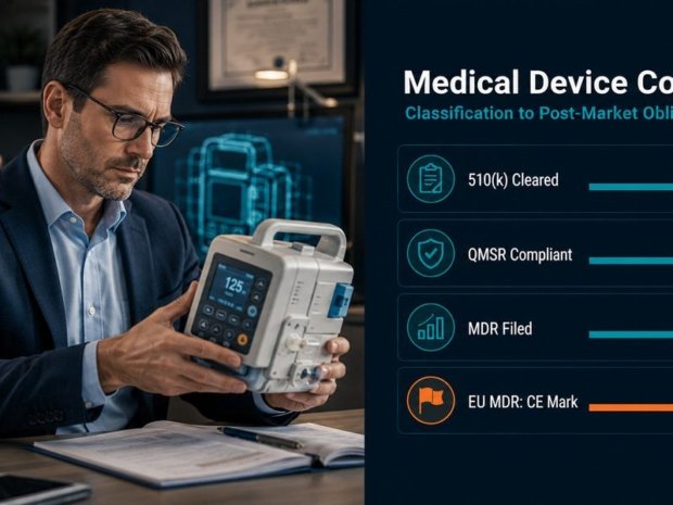 Regulatory affairs professional examining medical device with 510(k), QMSR, MDR, and EU MDR compliance dashboard overlay