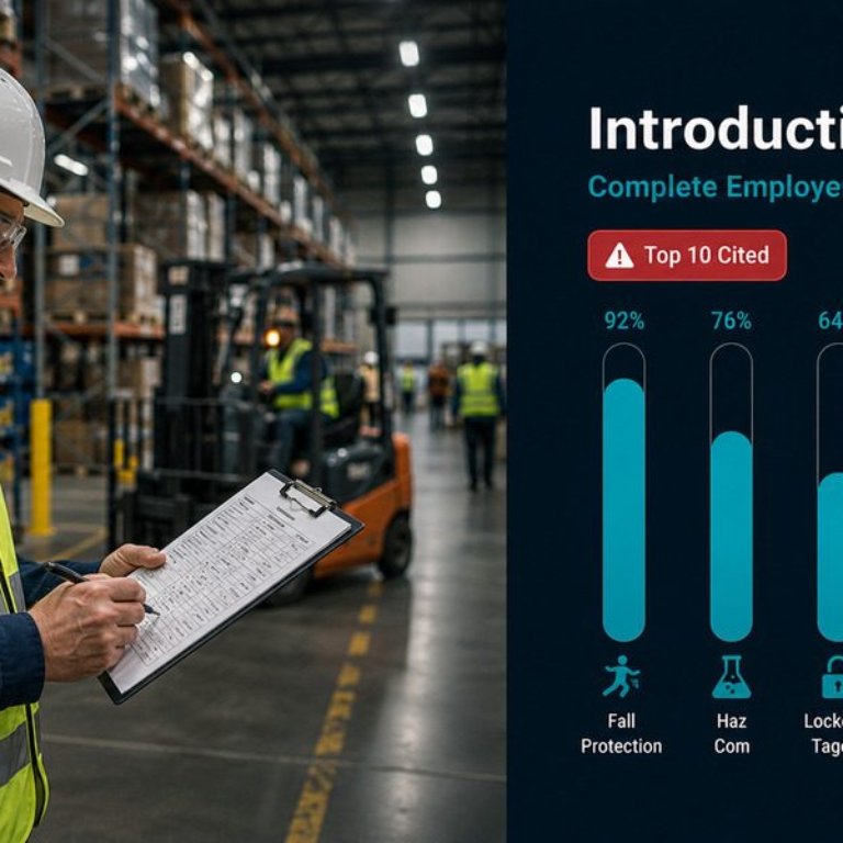 Safety manager with clipboard inspecting warehouse floor with OSHA top-cited standards compliance dashboard overlay