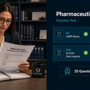 Compliance professional reviewing pharmaceutical CGMP practice test with four quiz topic cards and passing score indicator