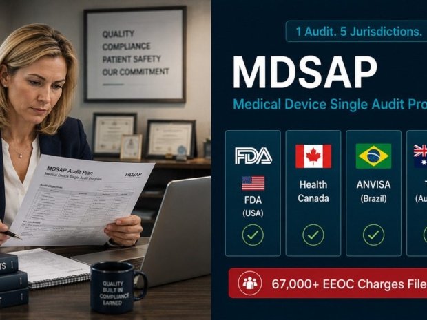 Quality professional reviewing MDSAP audit documents with five participating regulatory authority cards showing FDA, Health Canada, ANVISA, TGA, and PMDA