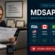 Quality professional reviewing MDSAP audit documents with five participating regulatory authority cards showing FDA, Health Canada, ANVISA, TGA, and PMDA