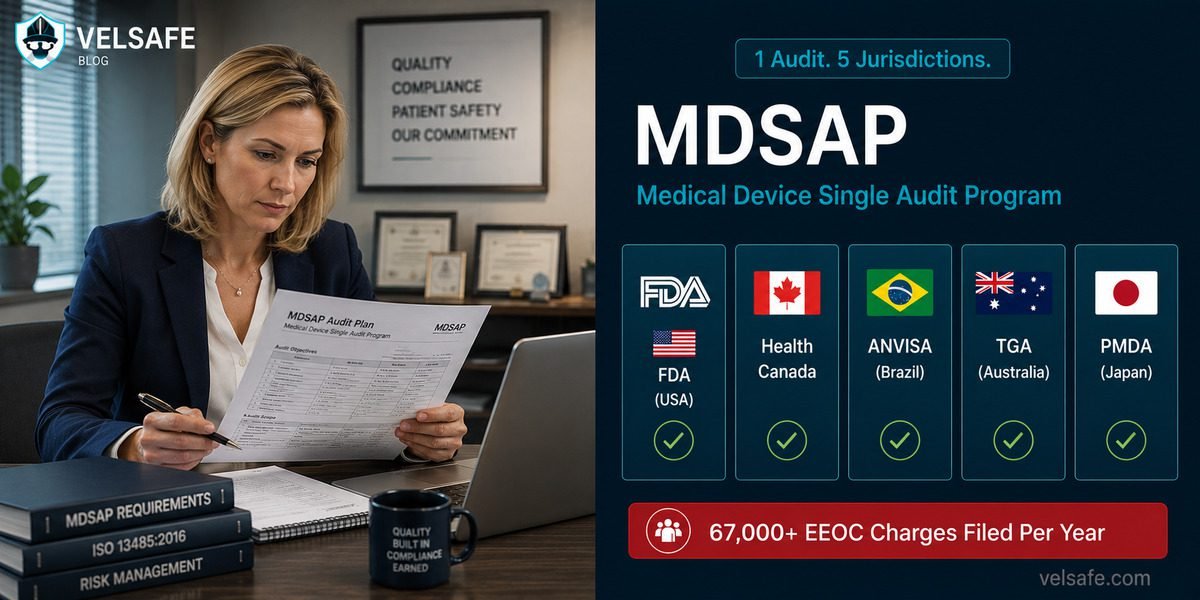 Quality professional reviewing MDSAP audit documents with five participating regulatory authority cards showing FDA, Health Canada, ANVISA, TGA, and PMDA