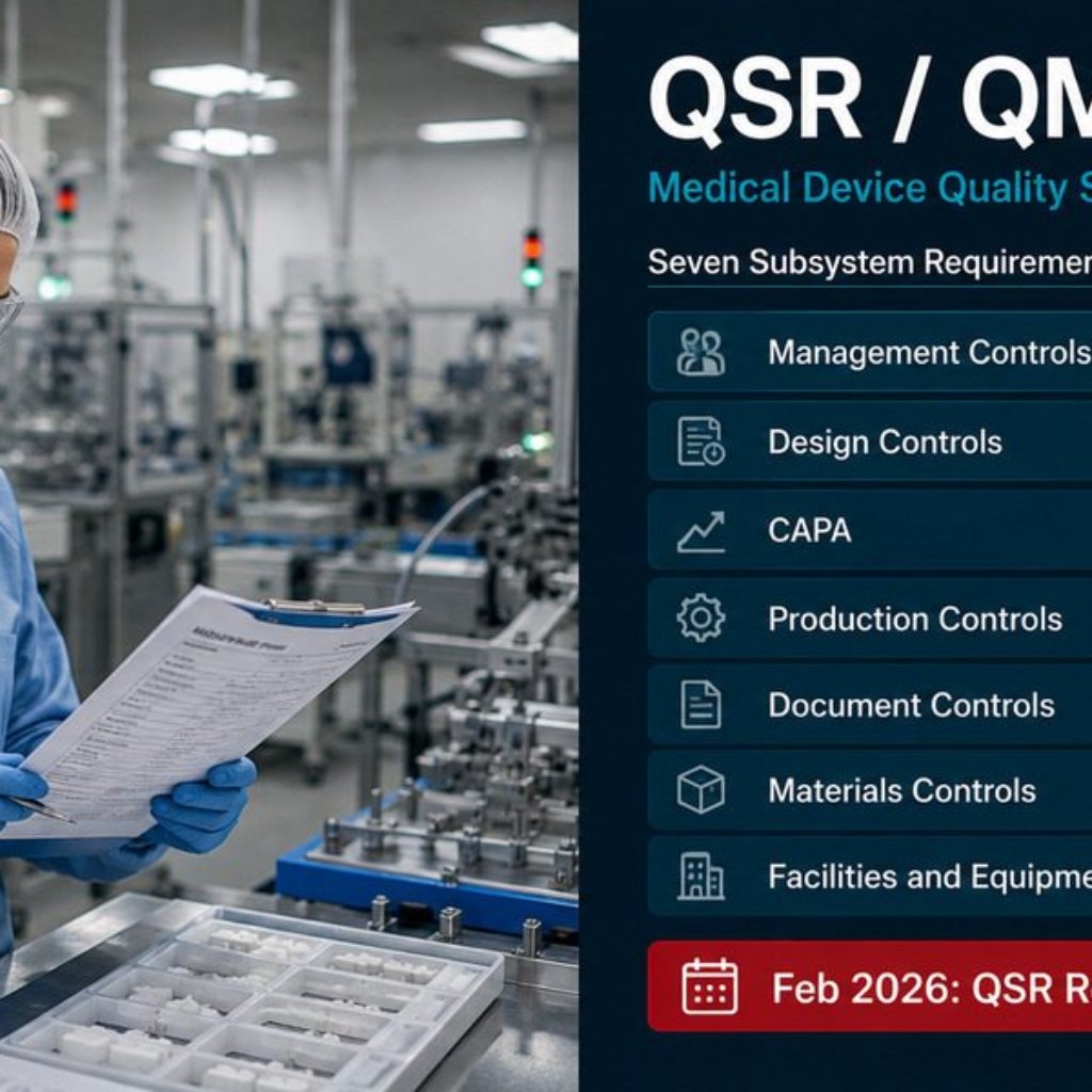 Cleanroom operator reviewing production batch record with QSR and QMSR seven subsystem compliance checklist and February 2026 regulatory update badge