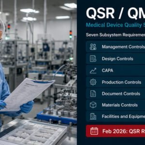 Cleanroom operator reviewing production batch record with QSR and QMSR seven subsystem compliance checklist and February 2026 regulatory update badge