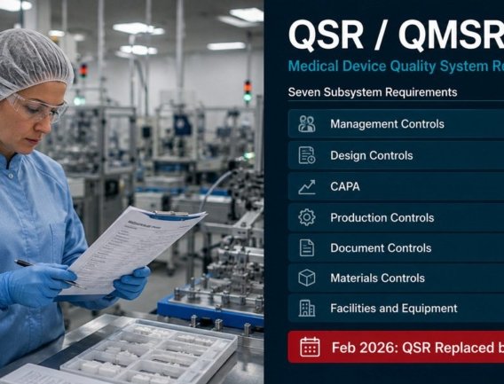 Cleanroom operator reviewing production batch record with QSR and QMSR seven subsystem compliance checklist and February 2026 regulatory update badge