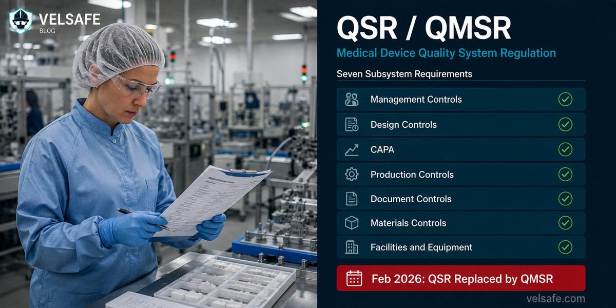 Cleanroom operator reviewing production batch record with QSR and QMSR seven subsystem compliance checklist and February 2026 regulatory update badge
