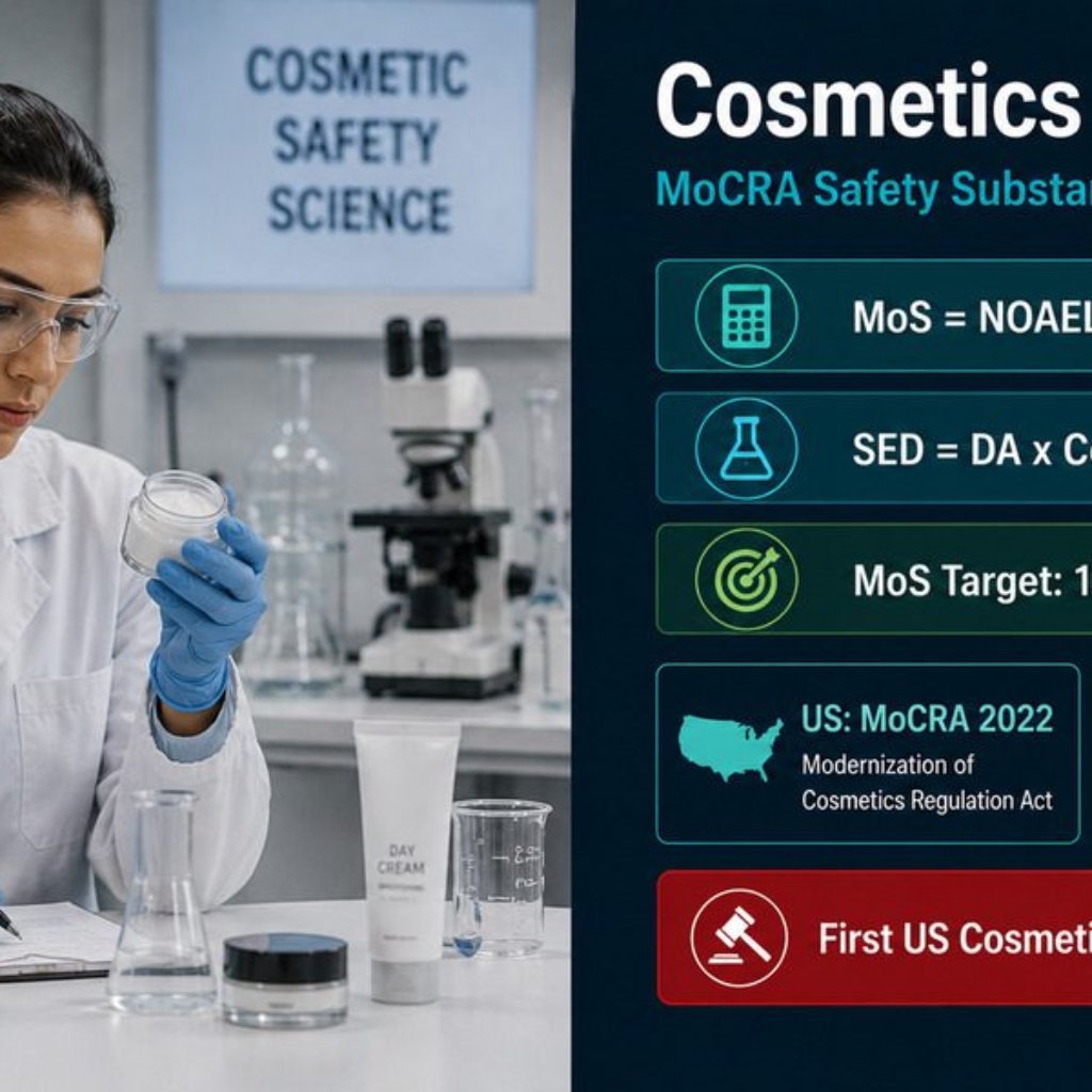 Lab scientist examining cosmetic formula with MoCRA safety substantiation dashboard showing Margin of Safety calculation, NOAEL methodology, and US versus EU regulatory comparison