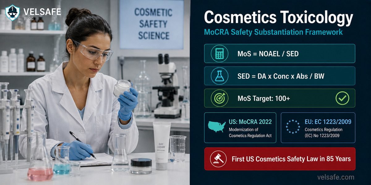 Lab scientist examining cosmetic formula with MoCRA safety substantiation dashboard showing Margin of Safety calculation, NOAEL methodology, and US versus EU regulatory comparison