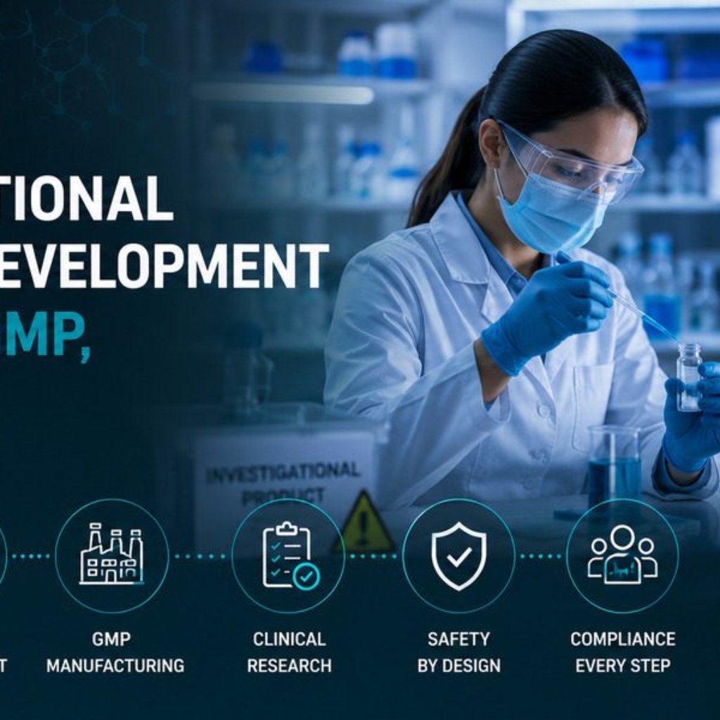 Pharmaceutical scientist in PPE working with investigational product samples in a GMP laboratory, representing IND, CMC, and clinical manufacturing compliance