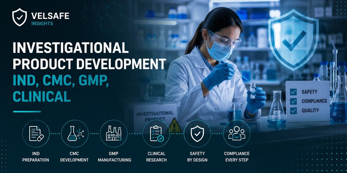 Pharmaceutical scientist in PPE working with investigational product samples in a GMP laboratory, representing IND, CMC, and clinical manufacturing compliance