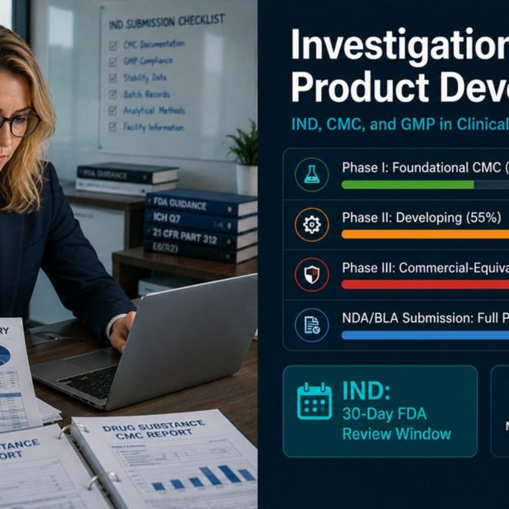 Regulatory affairs scientist reviewing IND and CMC documents with clinical phase development progress dashboard showing Phase I through NDA submission requirements
