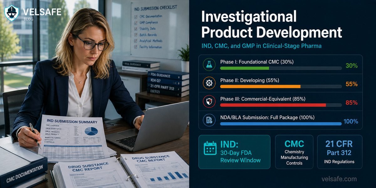 Regulatory affairs scientist reviewing IND and CMC documents with clinical phase development progress dashboard showing Phase I through NDA submission requirements