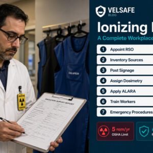 Radiation safety officer reviewing compliance checklist in hospital radiology setting