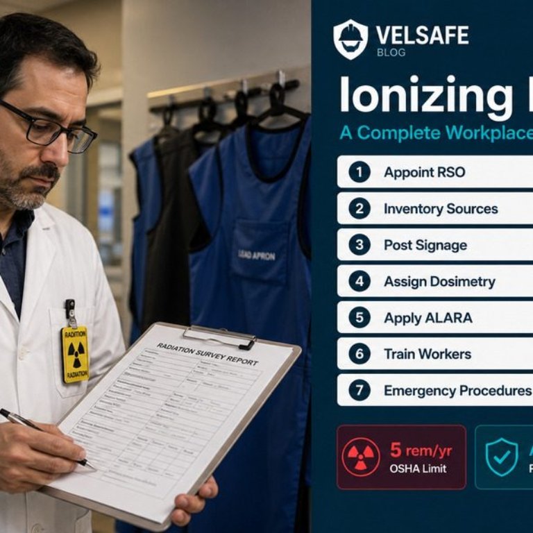 Radiation safety officer reviewing compliance checklist in hospital radiology setting