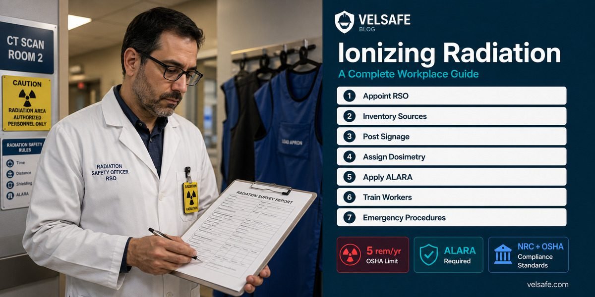 Radiation safety officer reviewing compliance checklist in hospital radiology setting