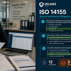 Clinical research associate reviewing ISO 14155 monitoring reports in a clinical trial office