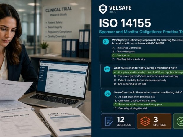 Clinical research associate reviewing ISO 14155 monitoring reports in a clinical trial office