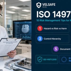 Medical device quality engineer reviewing ISO 14971 risk management documentation in a device development lab
