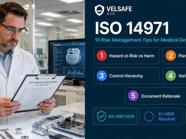 Medical device quality engineer reviewing ISO 14971 risk management documentation in a device development lab