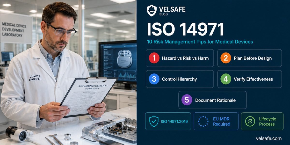 Medical device quality engineer reviewing ISO 14971 risk management documentation in a device development lab