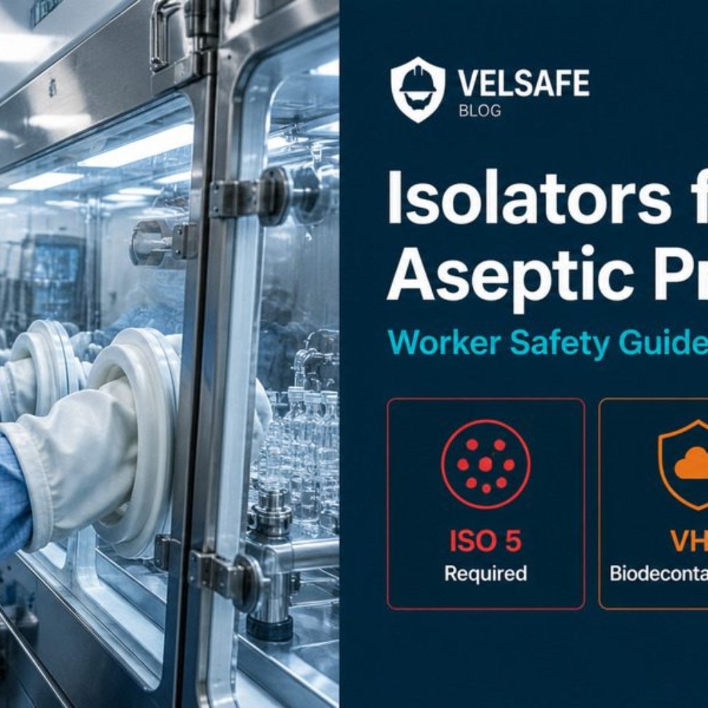 Pharmaceutical technician operating an aseptic isolator in a sterile manufacturing facility