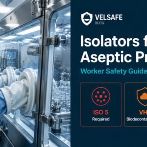 Pharmaceutical technician operating an aseptic isolator in a sterile manufacturing facility